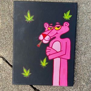 Pink panther, Blunt, smoking,high, painting 8x12 frame black and pink
